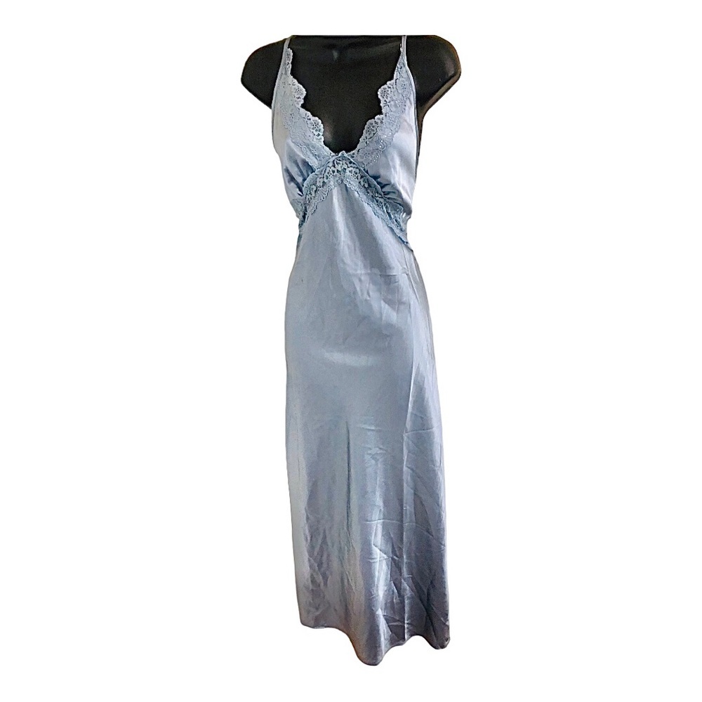 Sincerely Jules silver blue v-neck lace trim satin effect maxi slip dress size S